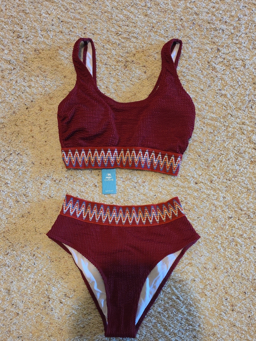 Cupshe Wine Red Textured Two-Piece Bikini with Multicolor Zigzag Trim